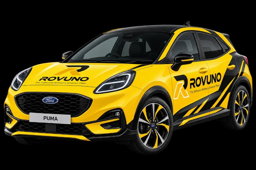 Rovuno-branded yellow Ford Puma courtesy car